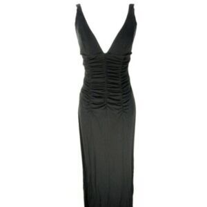 Maria Bianca Nero Solid Black Silk Ruched Plunge Halter Knee Length Dress P Xs